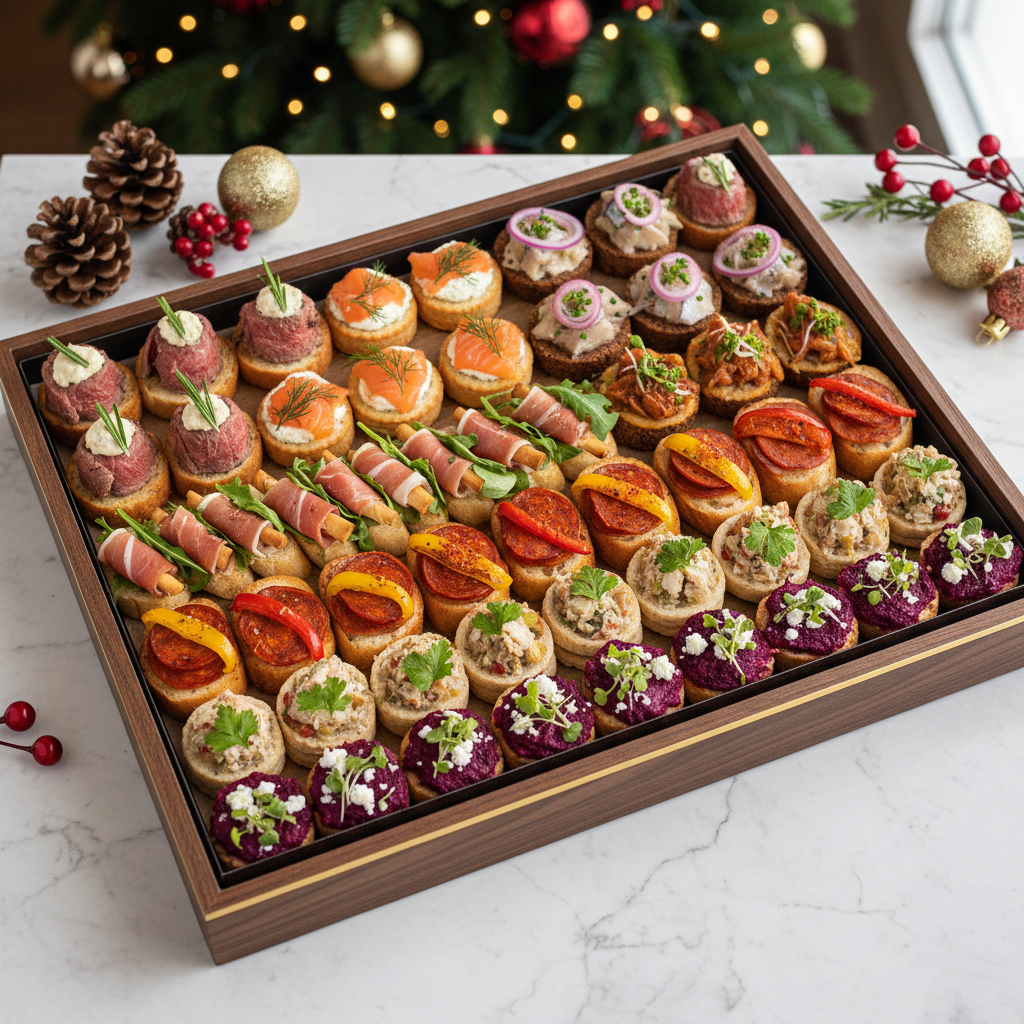 56vnt uzkandziu rinkinys kaldoms su siais skoniais : 8 vnt su antiena
8 vnt su lašiša
8 vnt su silkute
8 vnt su parmos kumpiu
8 vnt su chorizo
8 vnt su rūkyta vištiena
8 vnt su burokėliais ir feta
(Nuotrauka yra pavyzdinė, užkandžiai bus pakuojami į stačiakampio formos dėžutes)