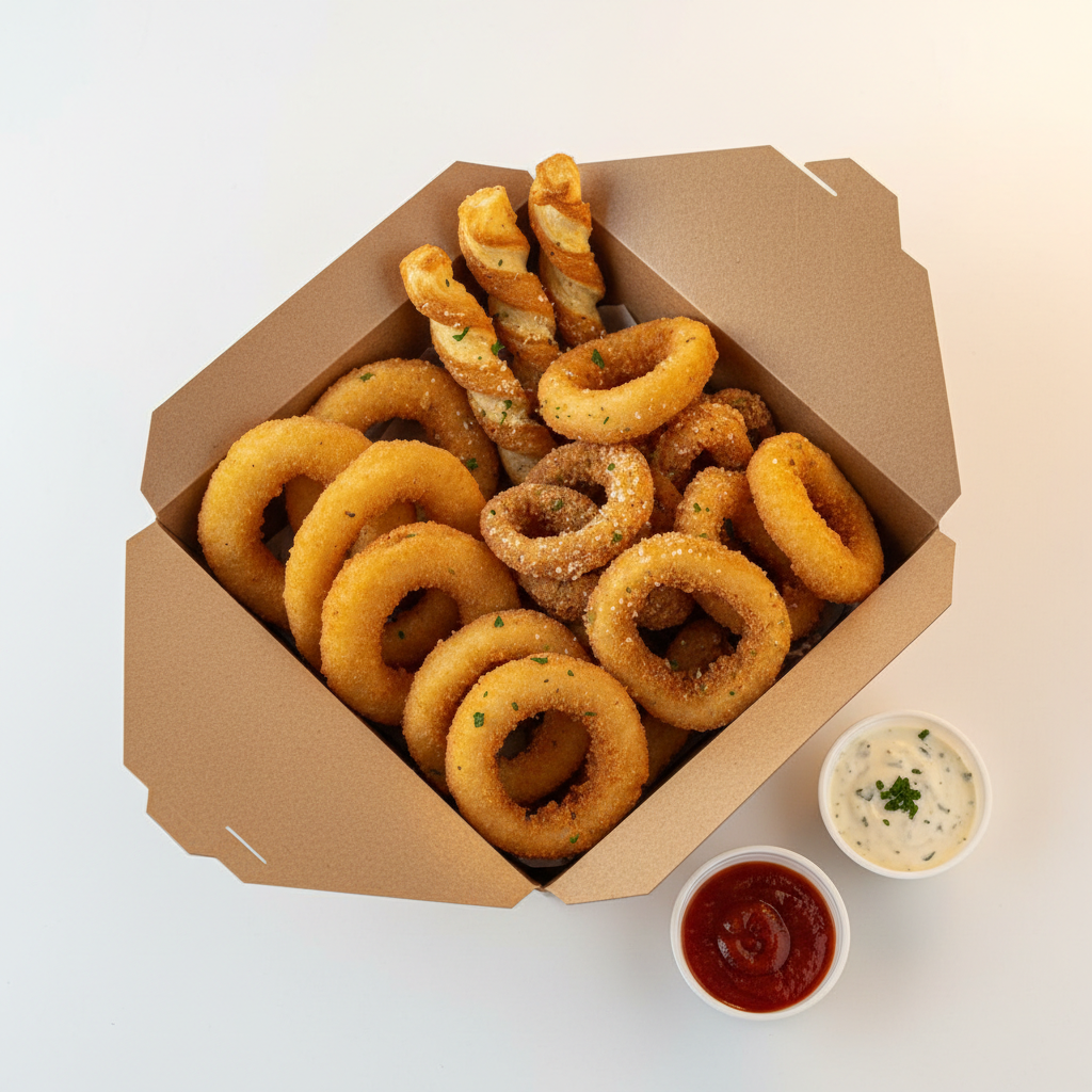 fried snacks in square box: obnions rings, squids rings, breadsticks. sauces garlic and spicy