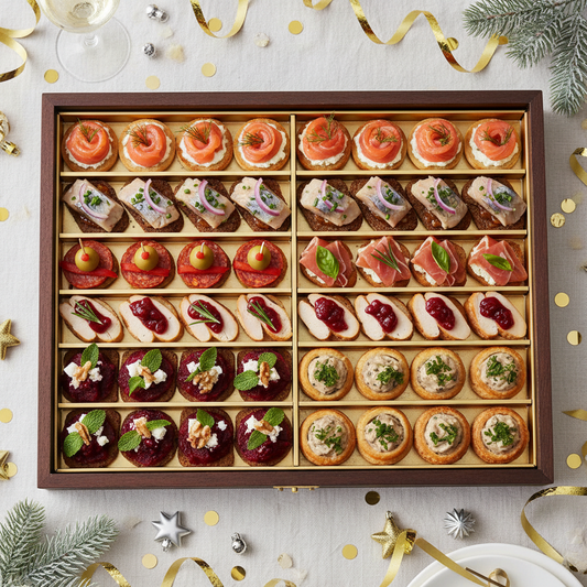 56 vnt uzkandziu rinkinys su tokia sudetimi: 8 vnt su lašiša

8 vnt su silkute

8 vnt su parmos kumpiu

8 vnt su chorizo

8 vnt su rūkyta vištiena

8 vnt su burokėliais ir feta staciakampeje dezuteje. rinkinys naujiems metams nuotrauka 1024x1024 px